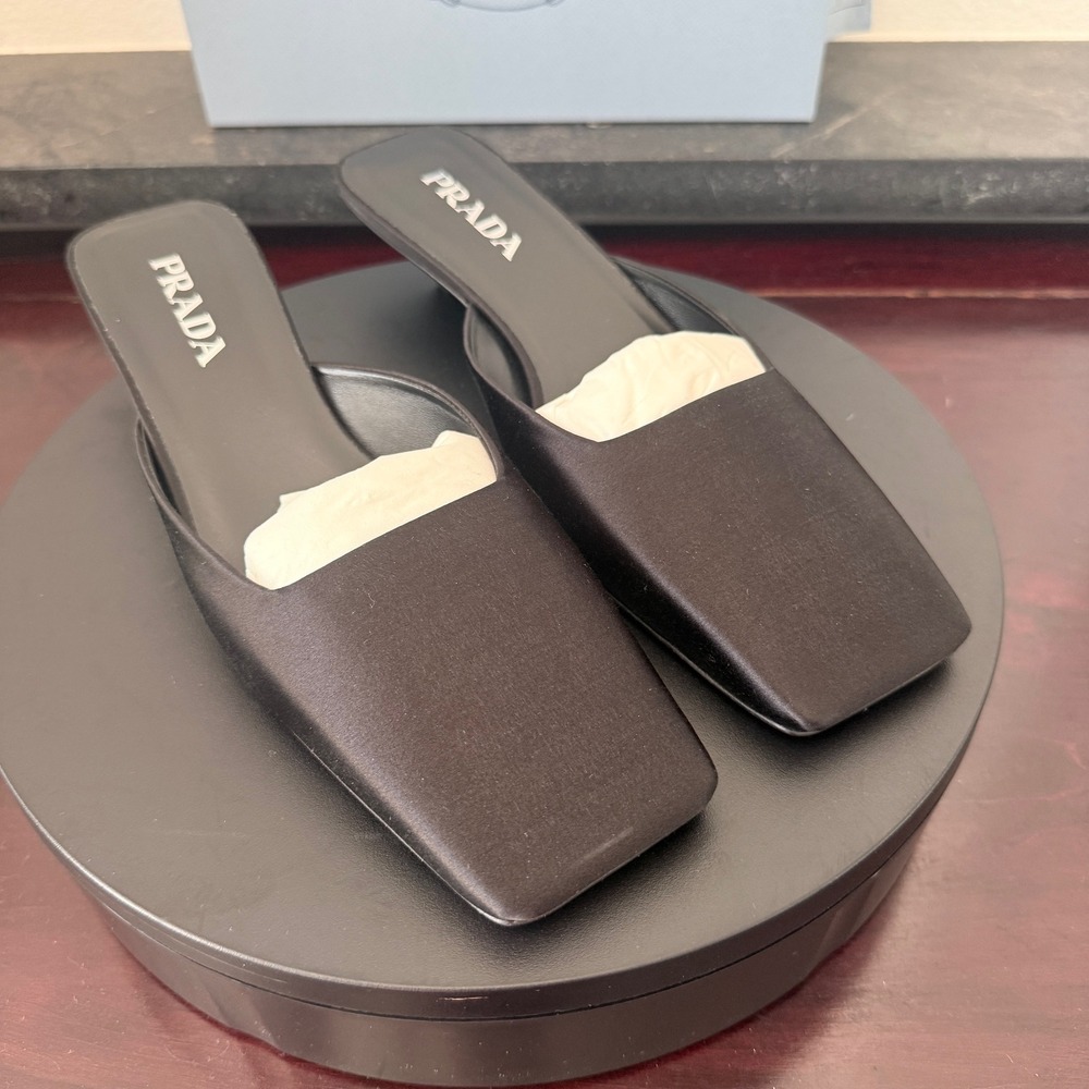 Prada 1I479N Black Satin Square Toe Kitten Heel Mules Sandals Shoes IT 40 - Picture 2 of 13